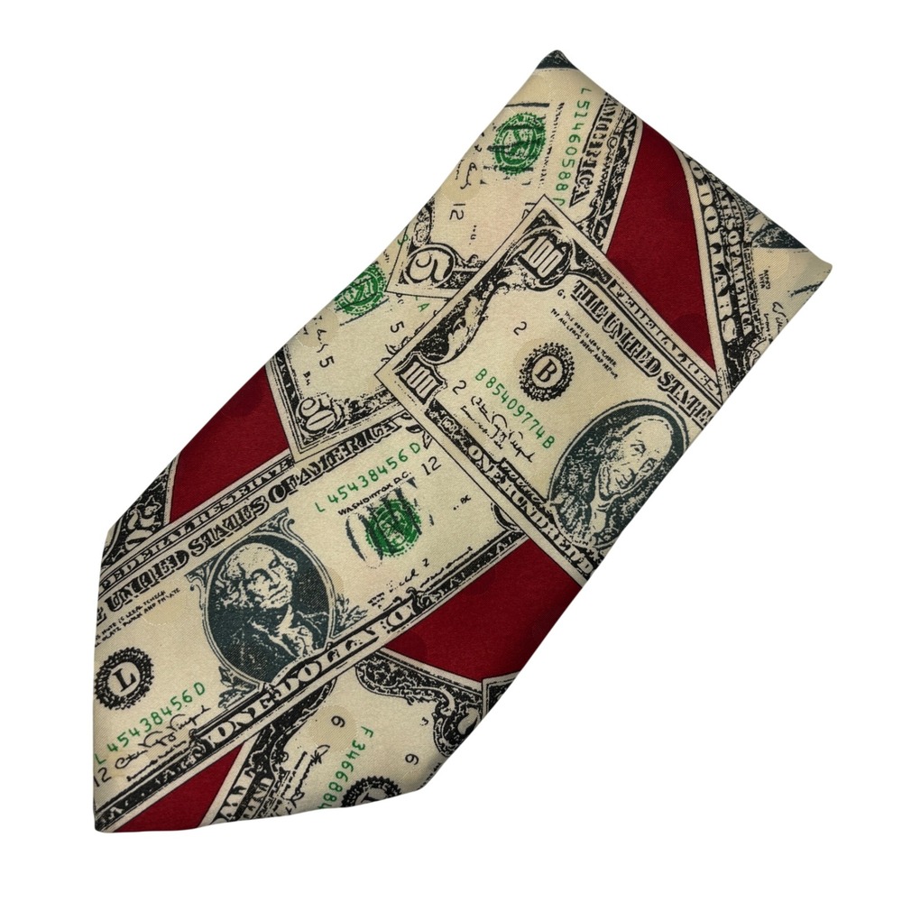 Studio 890 Money Print Tie Mens Red Currency Bill Novelty Bank USD Handmade